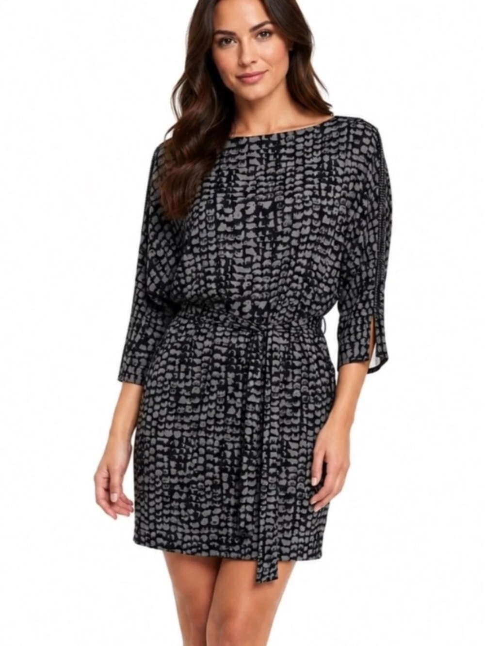 Armani Exchange Black Gray Abstract Print Tie-Waist Mini Dress - Size: 0